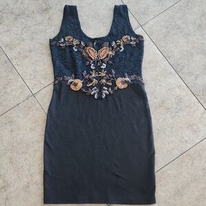Free People Navy and Bronze Embroidered Mini Dress